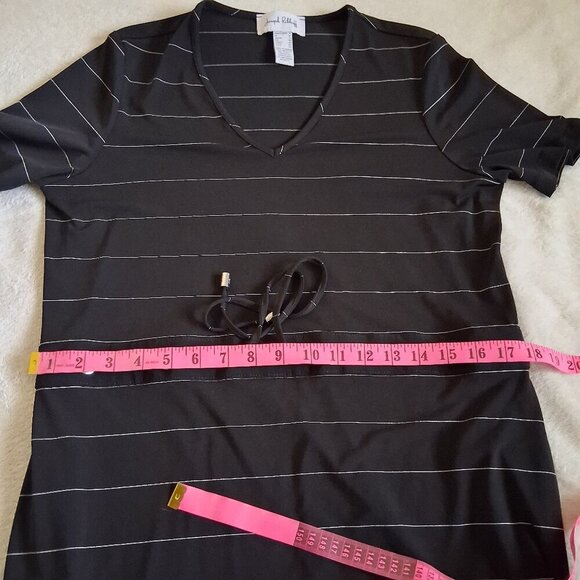Joseph Ribkoff Women's Size 8 Black/Vanilla Stripe V Neck Tie Waist Midi Dress - Picture 13 of 14